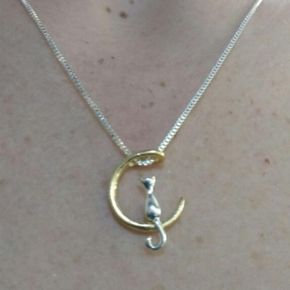 New Cat On Gold Crescent Moon Necklace - Picture 2 of 3